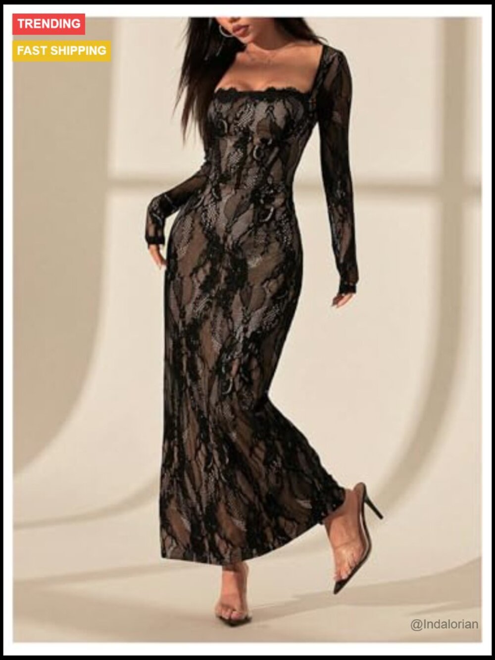 Floral Lace Slit Back Fishtail Long Dress Square Neck Bodycon Cocktail - Picture 2 of 7